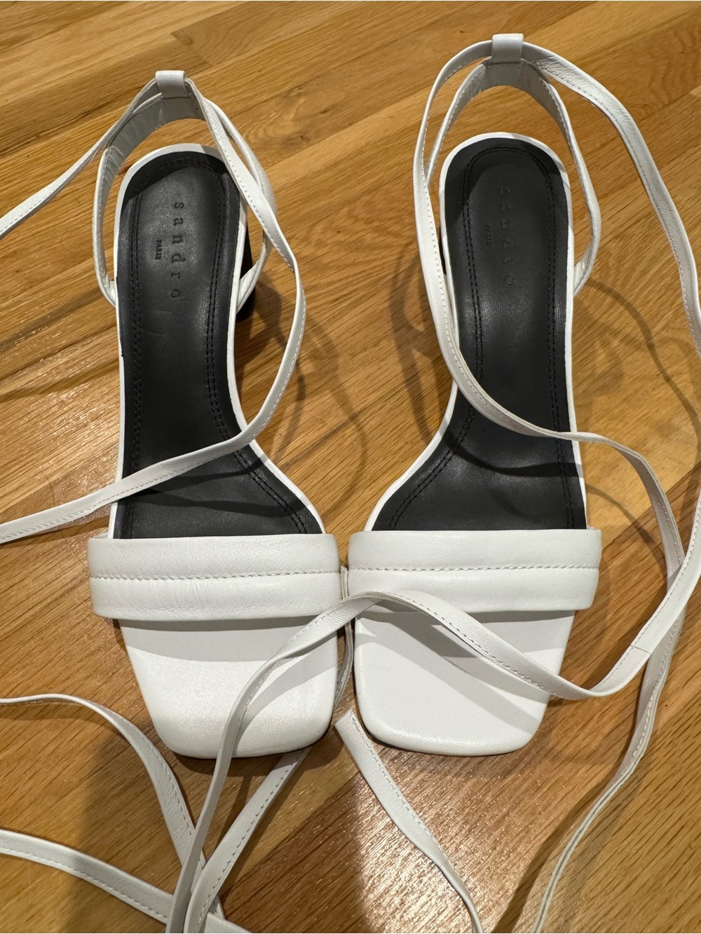 Sandro Lauren White Leather Square Toe Sandal Block Heel NWOT